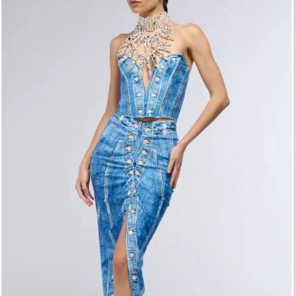 Callie Lives Digitize Me AKIRA Blue Day Dreaming Denim Printed Corset Top S - Picture 3 of 8